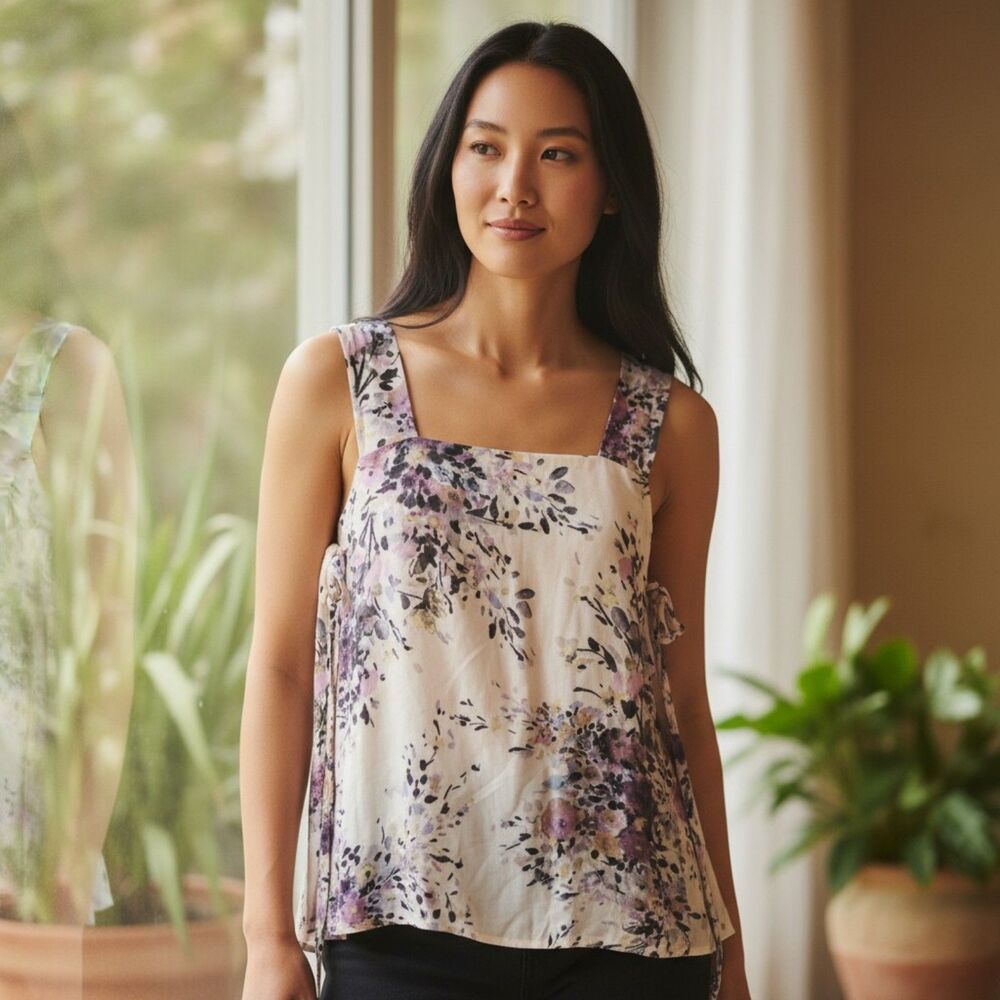 Eden In Love Watercolor Floral Strap Shoulder Blouse Side Ties Size Large